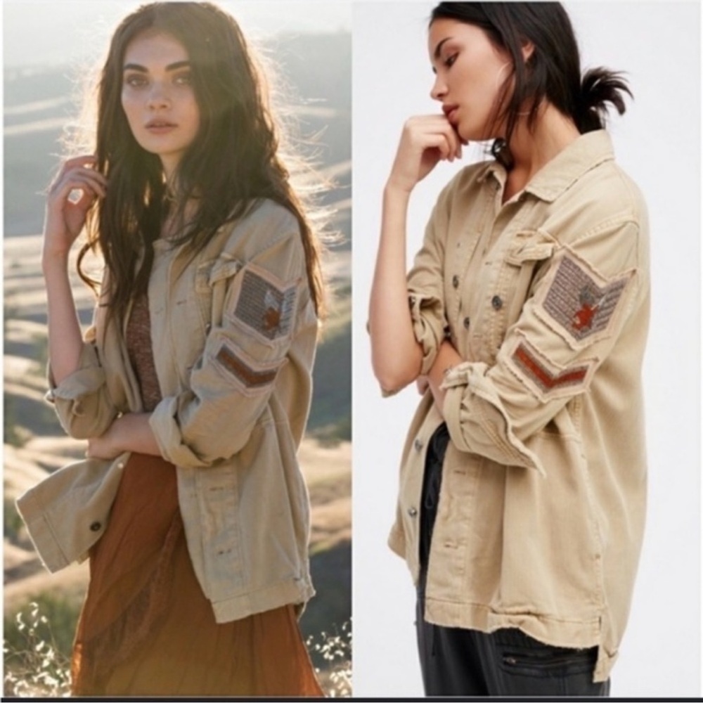 Free People Embellished Military Utility Jacket - Khaki Tan Women’s Size XSmall